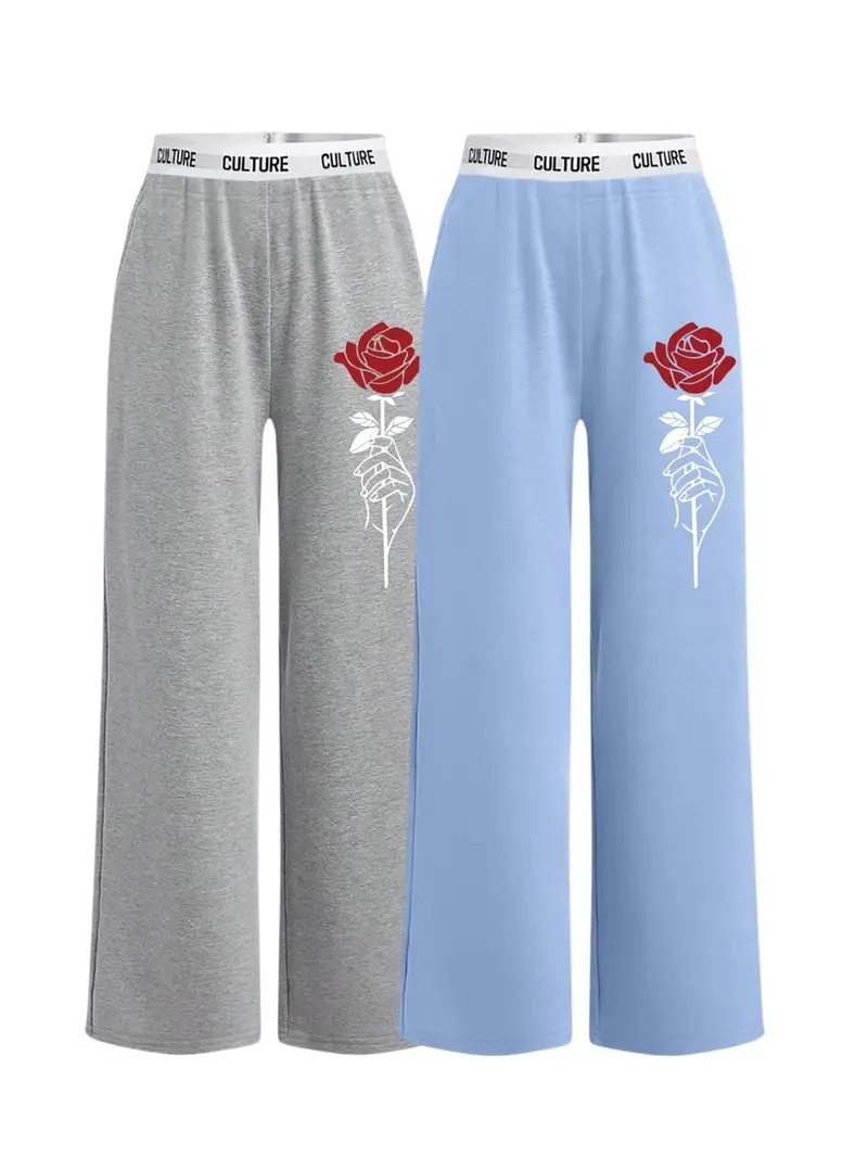 Women's Cartoon Rose Print Sweatpants, Casual Comfy Pants for Daily Wear, Ladies Bottoms for All Seasons