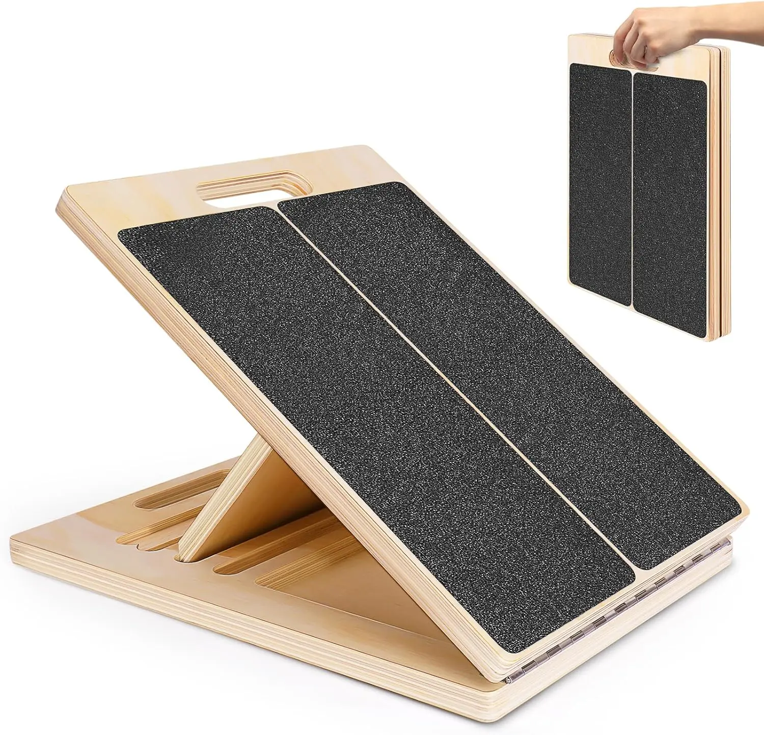 Adjustable Foldable Portable Wooden Incline Board - Wood Material Stretching Gear, Yoga Equipment, 300 Lbs Capacity, Non-Slip EVA Base, Training Poster, for Calf Stretching, Office, Clinic, Plantar Fasciitis Recovery Aid