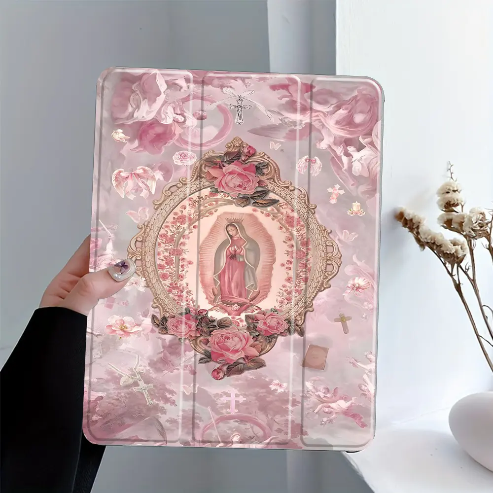 Beautiful and Unique Virgin Mary Pattern Design Four-Corner Shockproof Tablet Case with Pen Slot and Foldable Design,Suitable for iPad Mini, Air, Pro 4,5,6,7(2017,2018,2019,2020,2021,2022,2023,2024,2025 models),and Samsung S6,7,8,9,10FE + A7 LTE