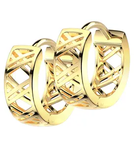 Gold PVD Crosshatch Stainless Steel Hinged Hoop Huggie Earrings