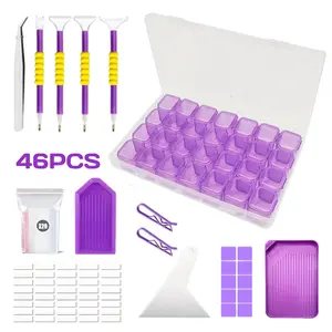 46PCS Tool Set Diamond Painting Tool Set Funnel Point Drill Inventory Drill Pen Clay Purple 28 Grid Storage Box Accessories