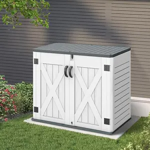 YITAHOME Outdoor Horizontal Storage Shed with X-Shaped Lockable Door, 35 Cu Ft Weather Resistant Resin Tool Shed w/o Shelf, Ideal for Bike, Trash Cans, Garden Tools, Lawn Mowers, Light Gray