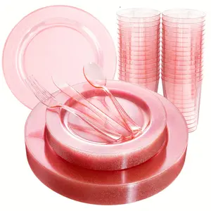 New 150 PCS Pink Plastic Plates Disposable Pink Dinnerware Set Clear Pink Party Plates with Silver Glitter Design include 25 Dinner Plates 10.25inch 25 Cake Plates 7.5 inch 75 Cutlery 25 Cups for Birthday Wedding