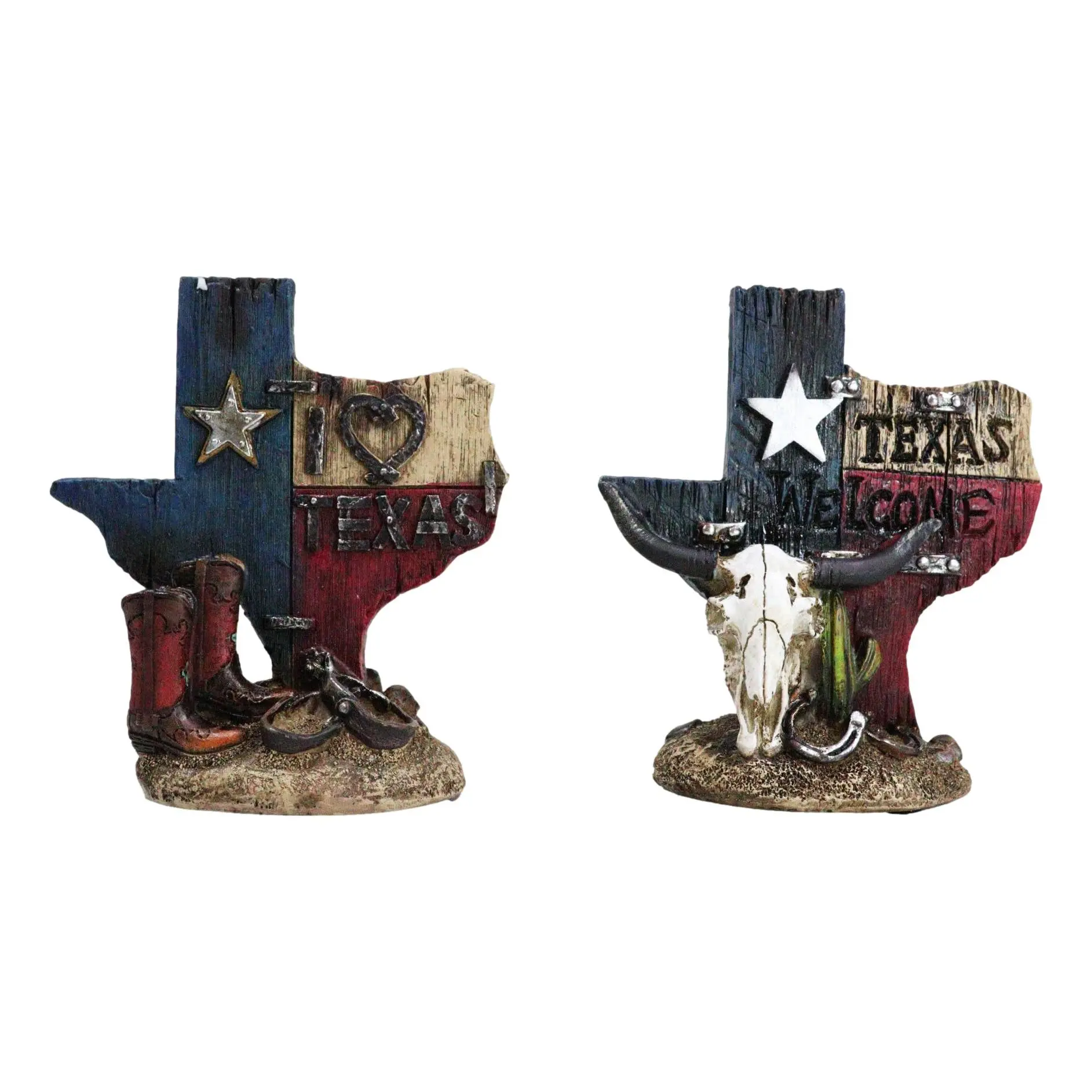 Set Of 2 Rustic Design Western Texas Map Cowboy Boots Cow Skull Horseshoe Cactus Figurines - Home Decor Accessory, Interior Decoration Accessories, Decoration Ornaments, Hand