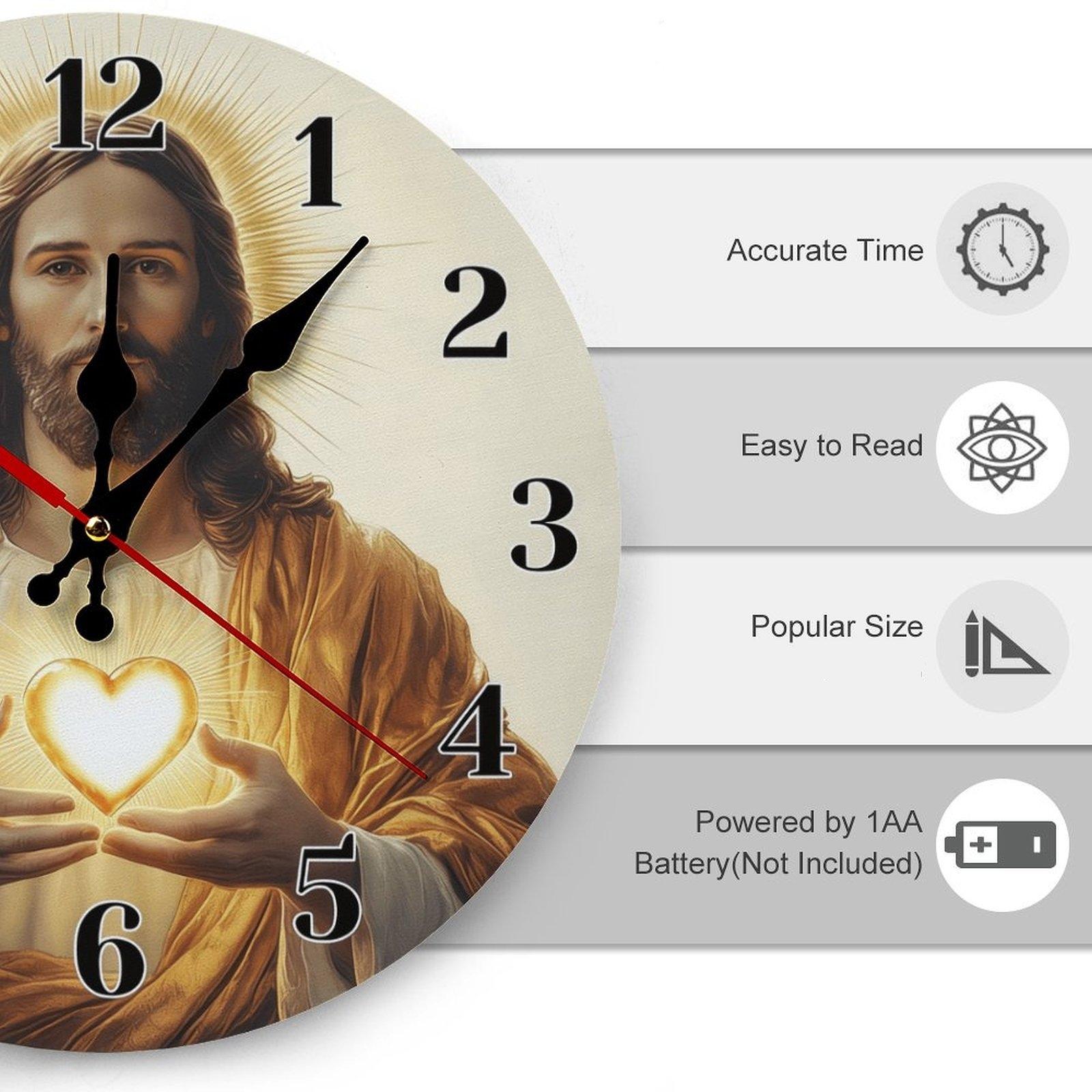 12 Inch Spiritual Religious Design Wooden Wall Clock | Sacred Heart of Jesus Art Print, Battery Not Included, Great Gift for Christian Believers, Perfect for Home, Church, Prayer Room