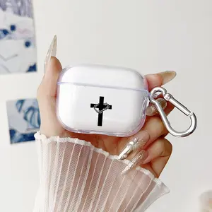 Cross Thorns Pattern Protective Case for AirPods 4/3/2/1/Pro/Pro2 Soft TPU Earphone Cover, Transparent with Keychain