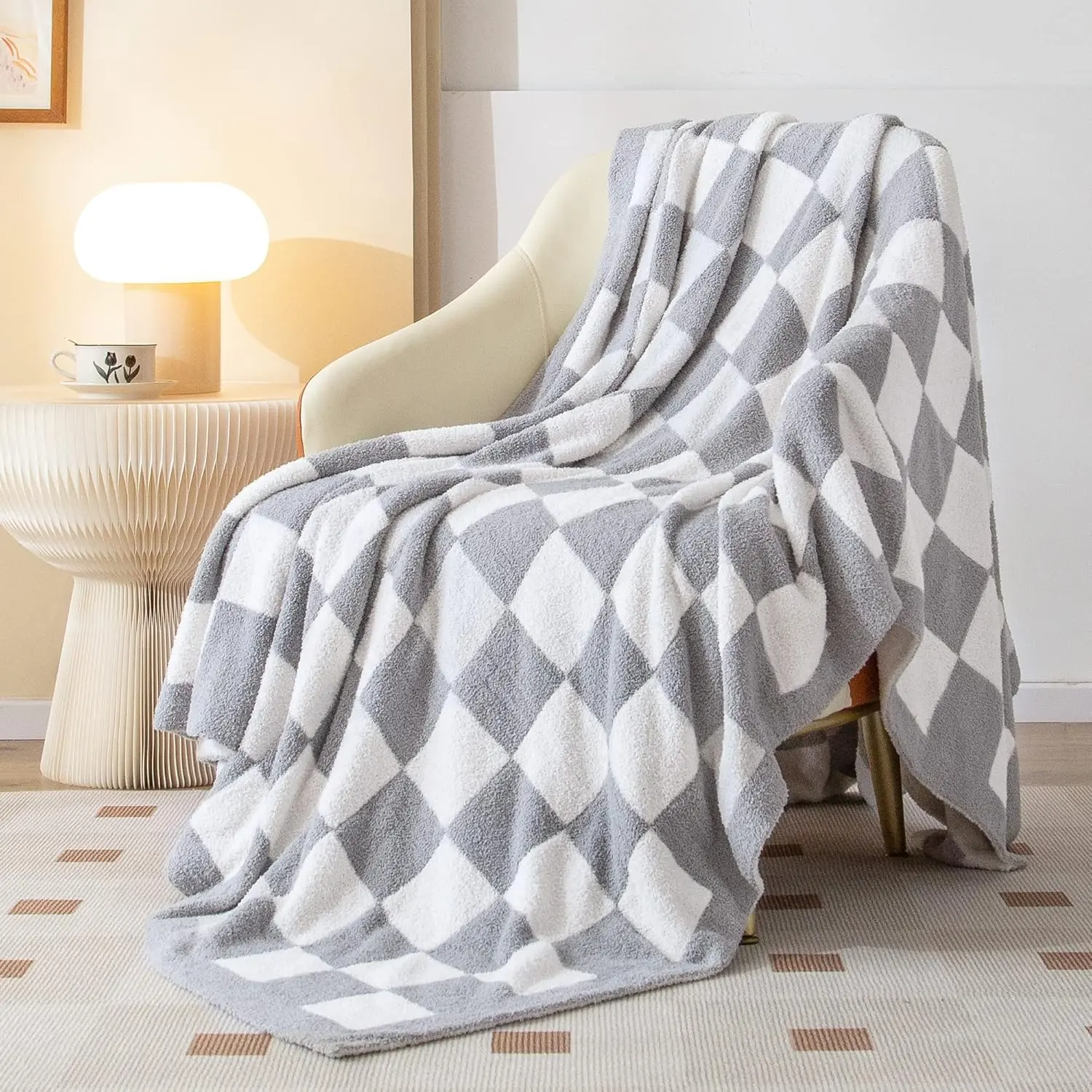 Checkered Throw Blanket, Soft Cozy Fluffy Reversible Checkerboard Knitted Throw Blanket, Warm Plush Microfiber Plaid Lightweight Blanket for Couch Bed Travel(Grey, 51"63")
