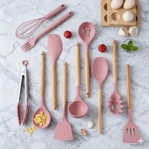 Silicone Cooking Pink Utensils Set Utensil Sets - 446°F Heat Resistant Silicone Kitchen Utensils Set Wooden Handles, Silicone Utensils for Cooking w Holder for Non-Stick Cookware