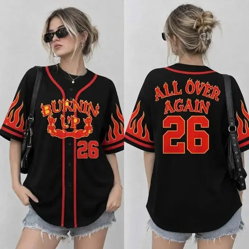 Burnin Up 26 Flame Baseball Jersey - Music Tour Fan Merch Shirt, All Over Again Print Baseball Jersey, Burnin Up Concert Merch Baseball Jersey White & Red