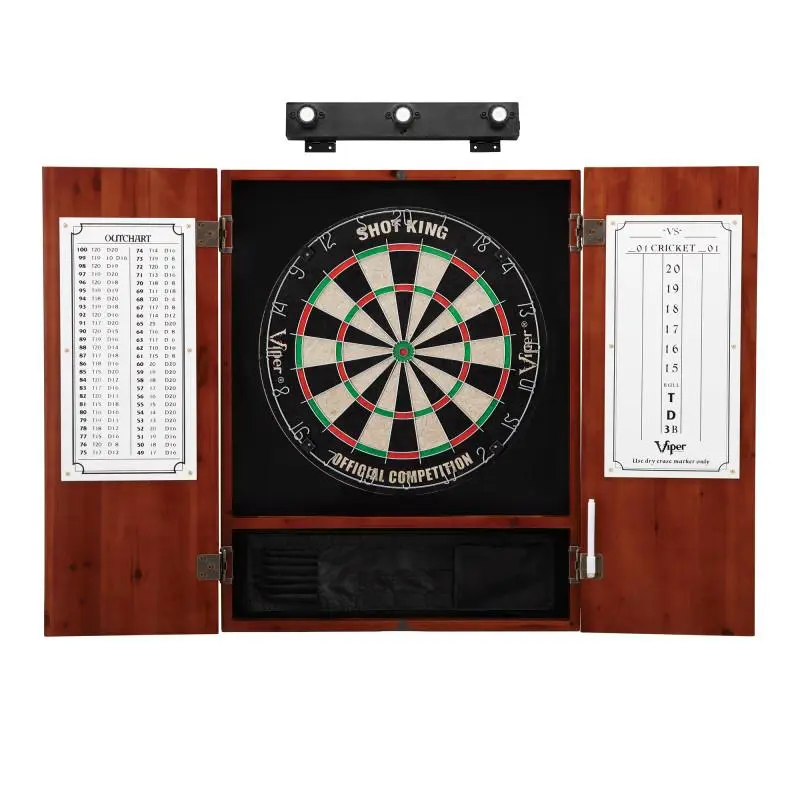 Viper Shot King Round Regulation Sisal Dartboard Dart Set with Metropolitan Cinnamon Solid Pine Cabinet & Shadow Buster Lights - Unisex Game Room Wood Fiber Cabinet-Fit Darts Equipment