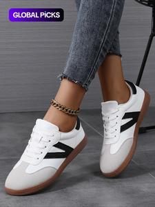 women's fashionable lace up contrast binding german trainers, casual breathable comfortable sports training shoes, casual sneakers, all-match basic workout sneakers for daily wear, athletic shoes, everyday sneaker