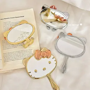 Cute Cat Handheld Mirror – Metallic Finish Portable Makeup Mirror, Kawaii Aesthetic Vanity Mirror for Girls & Women