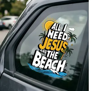Christian Car Decal All I Need is Jesus and the Beach Sticker - Funny Summer Bible Verse Vinyl Decal, Tropical Palm Tree Bumper Sticker, Faith Gift for Christian Beach Lovers Women b-pillar Demo Exterior Sticker Rip Proof Car Sticker door inspirational