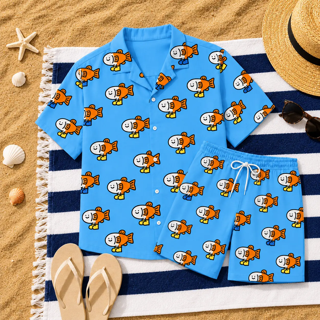Men's Funny Cartoon Fish Hawaiian Shirt and Shorts Set Blue Tropical Beach Vacation Outfit