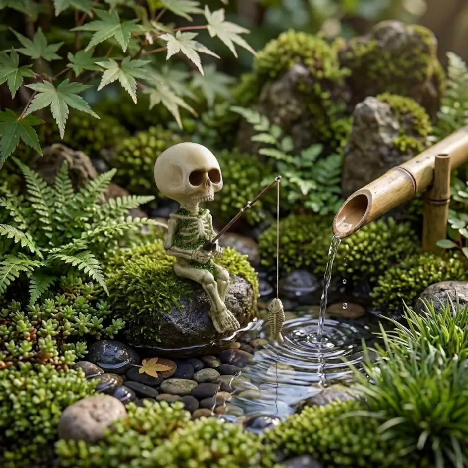 Halloween Skeleton Fishing Figurine,Spooky Cute Resin Statue with Fishing Rod and Small Fish, Shelf Sitter Landscape Decor for Garden Patio Fishing Skeleton Pot Hugger Resin Statue,Gothic Plant Pot Edge Decor,Spooky Tabletop Ornament,Unique Halloween Gift