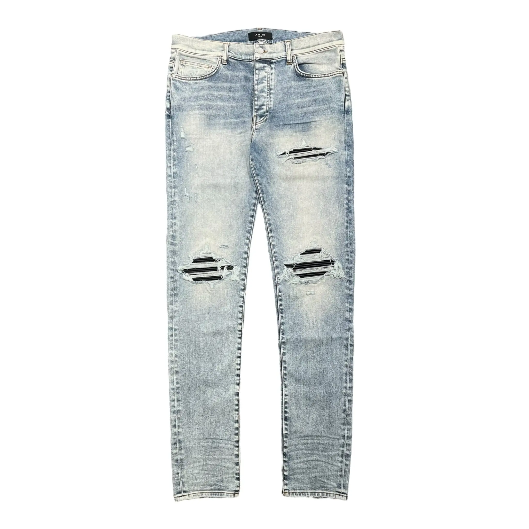 Men's Amiri MX1 Denim Pants, Leather Patch Jeans, Stone Indigo