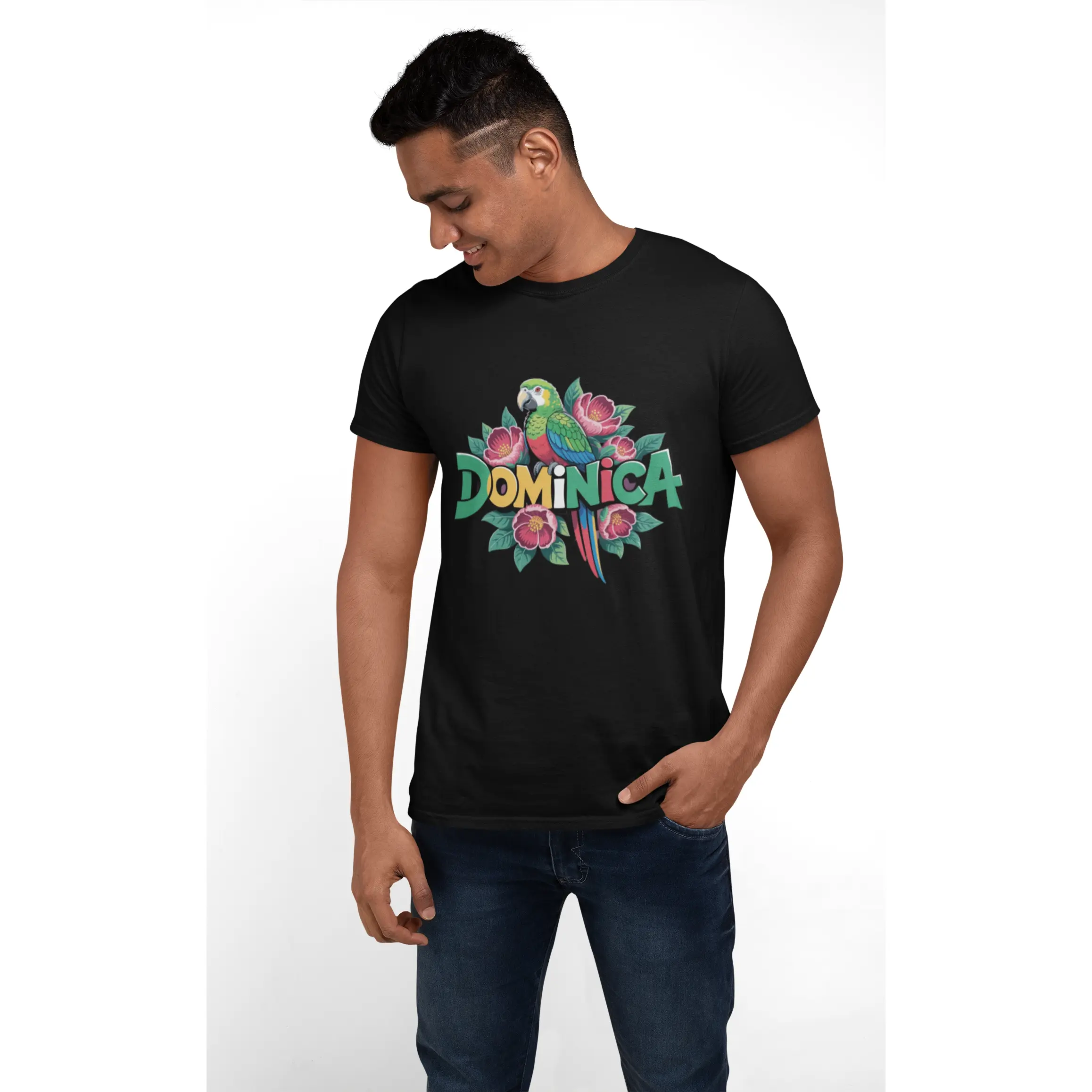 Dominica Organic Color Splash Tee - Caribbean Island Shirt Beach Vacation Unisex T-shirt, Tropical Graphic Top, Summer Tee, Casual Cotton Knit, Ribbed Collar, Ethically Made 100% US Cotton