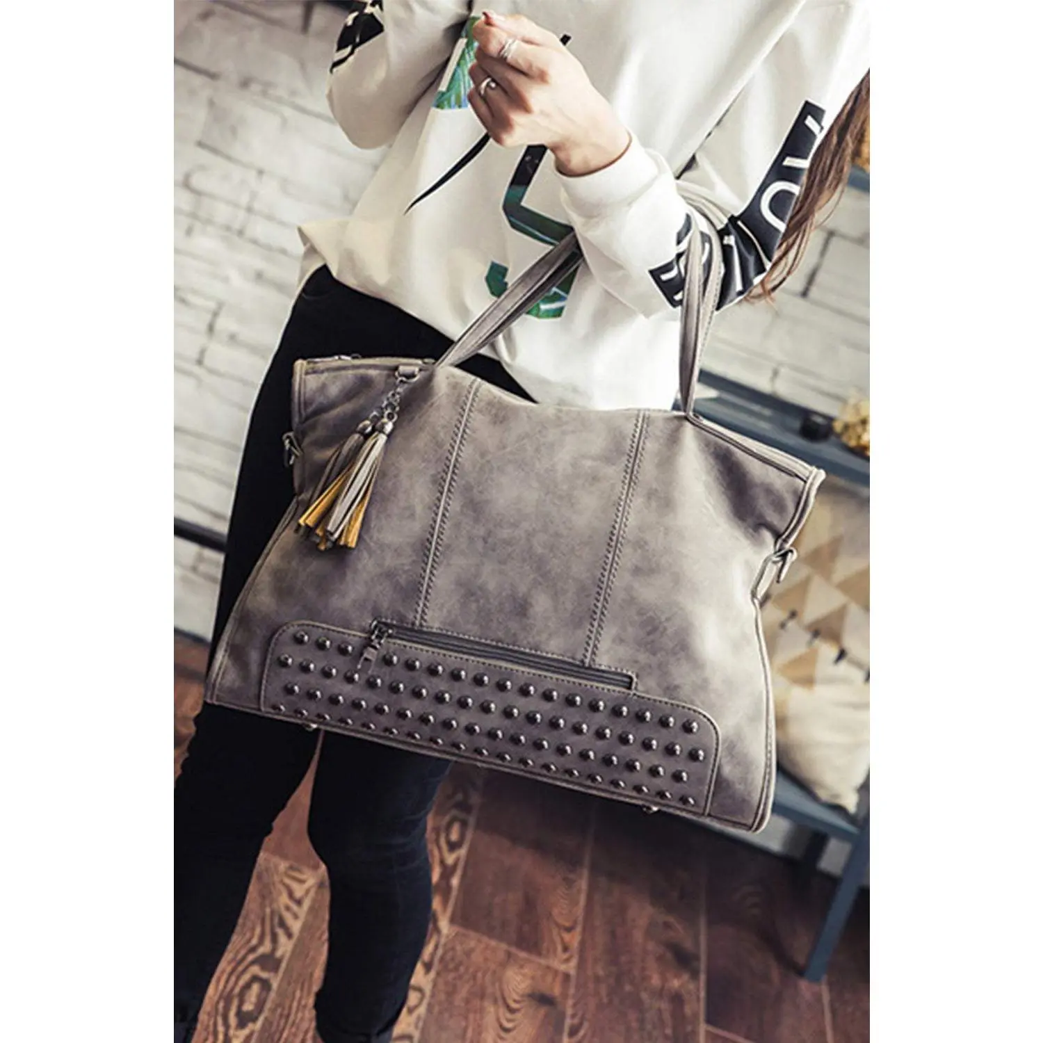 Gray Studded Handbag