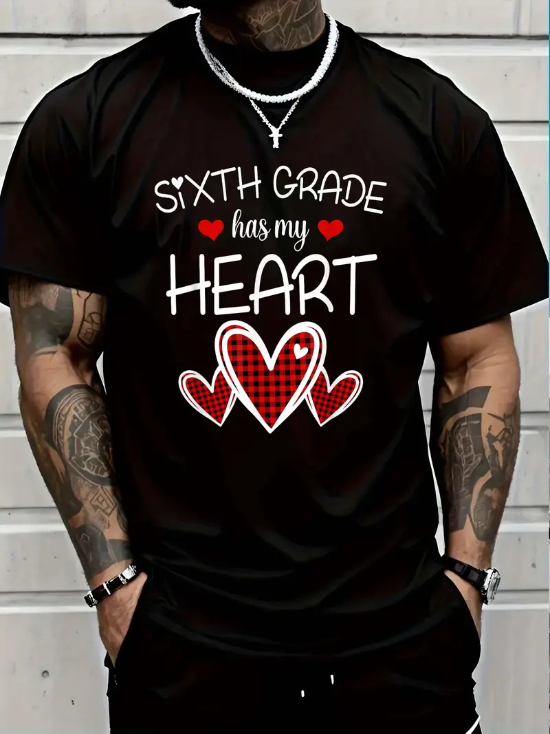 100% Cotton 6th Sixth Grade Has My Heart Buffalo Print Teacher Valentine T-Shirt for Men Women Men's Women's vintage Summer vacation tops Graphic Tee