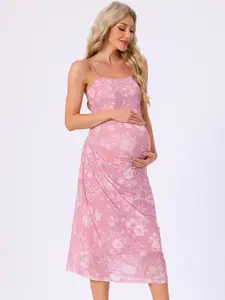 INSPIRE CHIC Women's Mesh Maternity Dress Ruched Side Bodycon Spaghetti Strap Long Cami Pregnancy Dress Wedding Cocktail Pink