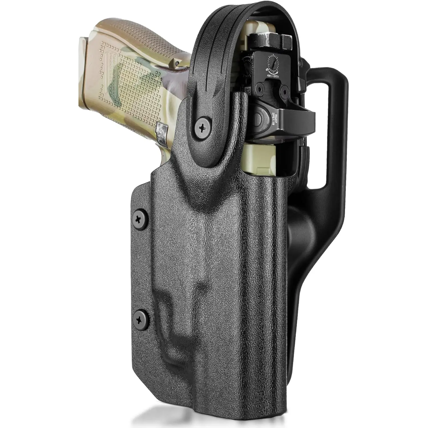 WARRIORLAND OWB Kydex Right Hand Holster for Glock 19/17/45/19X w/ TLR-7/7A, Level II Thumb Release Paddle, Optics Cut & Open Muzzle for Competition, Tactical Accessories