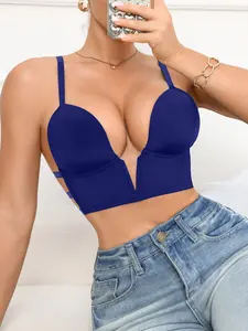 Sexy Side Cutout Multi-Strap Deep V Wireless Bra, Plain Pattern, Max Support, Buckle Closure, Lined, All Seasons, Single Piece