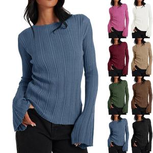 Danedvi Women's Elegant Fitted Knit Pullover - Long Bell-Sleeve Lightweight Flared Soft Fabric Top, Classy Chic Going Out Women's Clothes (Ideal for Fall Parties, Pair with Skirts or Layer with Jackets), Going Out Tops