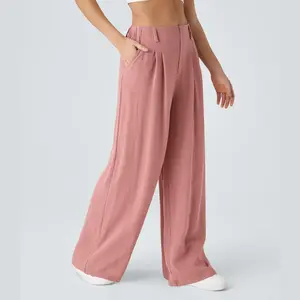 Halara High Waisted Plicated Side Pocket Wide Leg Flowy Solid Palazzo Casual Linen-Feel Pants