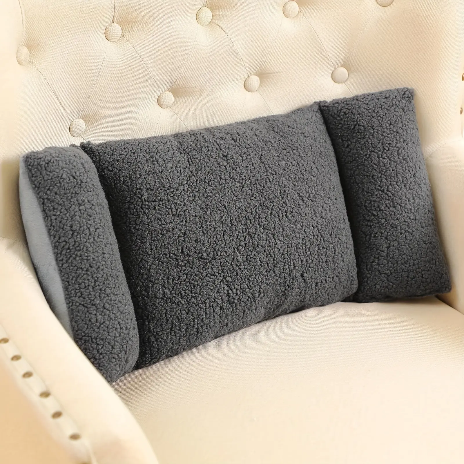 3-Stage Adjustable Lumbar Support Pillow, Adjustable Padded Backrest, Supportive Backrest, for Office Chairs & Sofas, Soft Polyester Backrest Pad with Knots, Hand Washable Gray, Medium Firmness, Ergonomic Design for Posture Support Chair Cushion