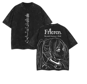 Men's Frieren: Beyond Journey's End Anime Classic Double-Printed Vintage Washed Oversized Heavyweight Soft Ribbed Round Neck Shortsleeve Seamless Cotton Top, Stylish Unisex Menswear Fabric Apparel for Anime Fans