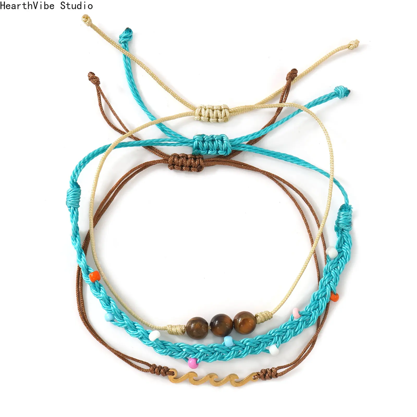 Summer vacation style three-layer bracelet, hand-woven tiger's eye stone, metal wave decoration, blue and brown color scheme.