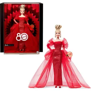 Barbie Signature 11.5" Collectible Doll for Mattel 80th Anniversary, Glittery Red Tulle Gown with Blonde Hair/Blue Eyes