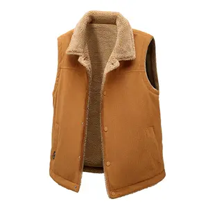 Men's Winter Caramel Corduroy Shearling Vest with Button Closure, Turn-Down Collar, Fleece Lining, Warm Casual Layering Piece, Perfect for Cold Weather & Retro Style