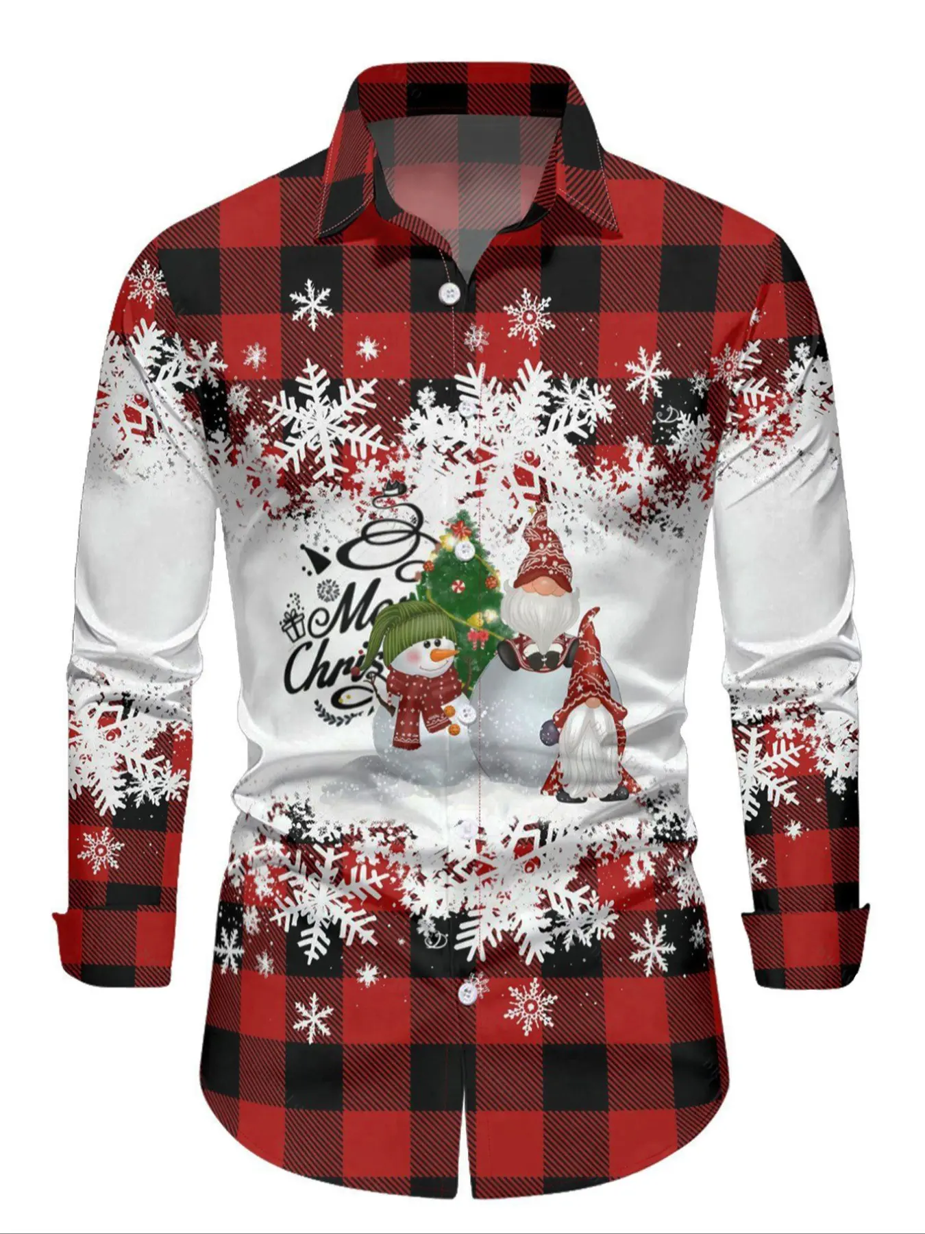Men's Christmas Long Sleeve Shirt, Plaid with Snowflake Design, Festive Casual Classic Style, Perfect for Fall & Winter Holidays