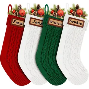 Personalized Knitted Christmas Stocking Set of 4 18'' Large for Home Party Gifts with Custom Name and Leather Patches in White Red Green