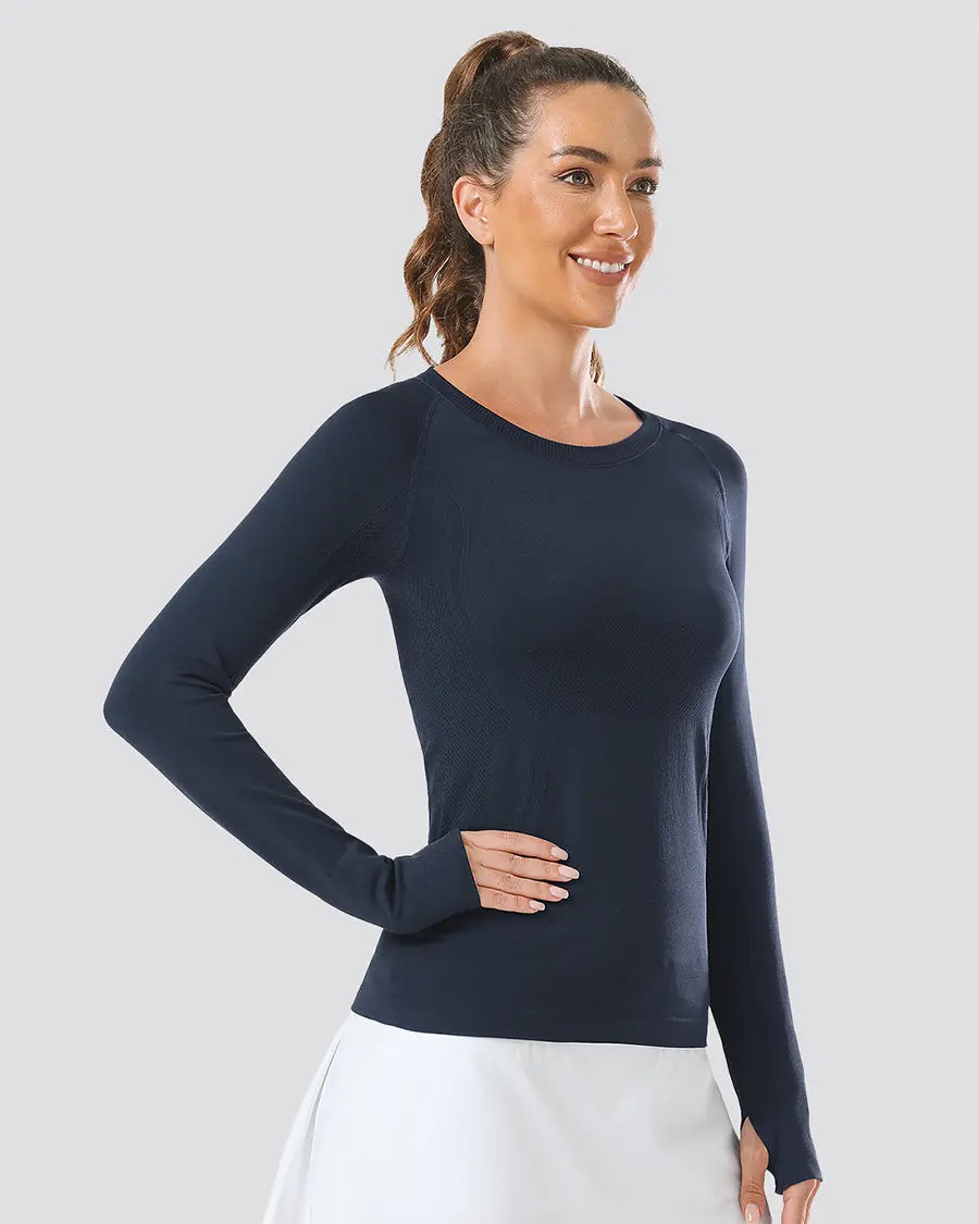 Women's Seamless Long Sleeve Yoga Shirt, Slim-Fit Breathable Top with Thumb Holes for Workouts and Everyday Wear