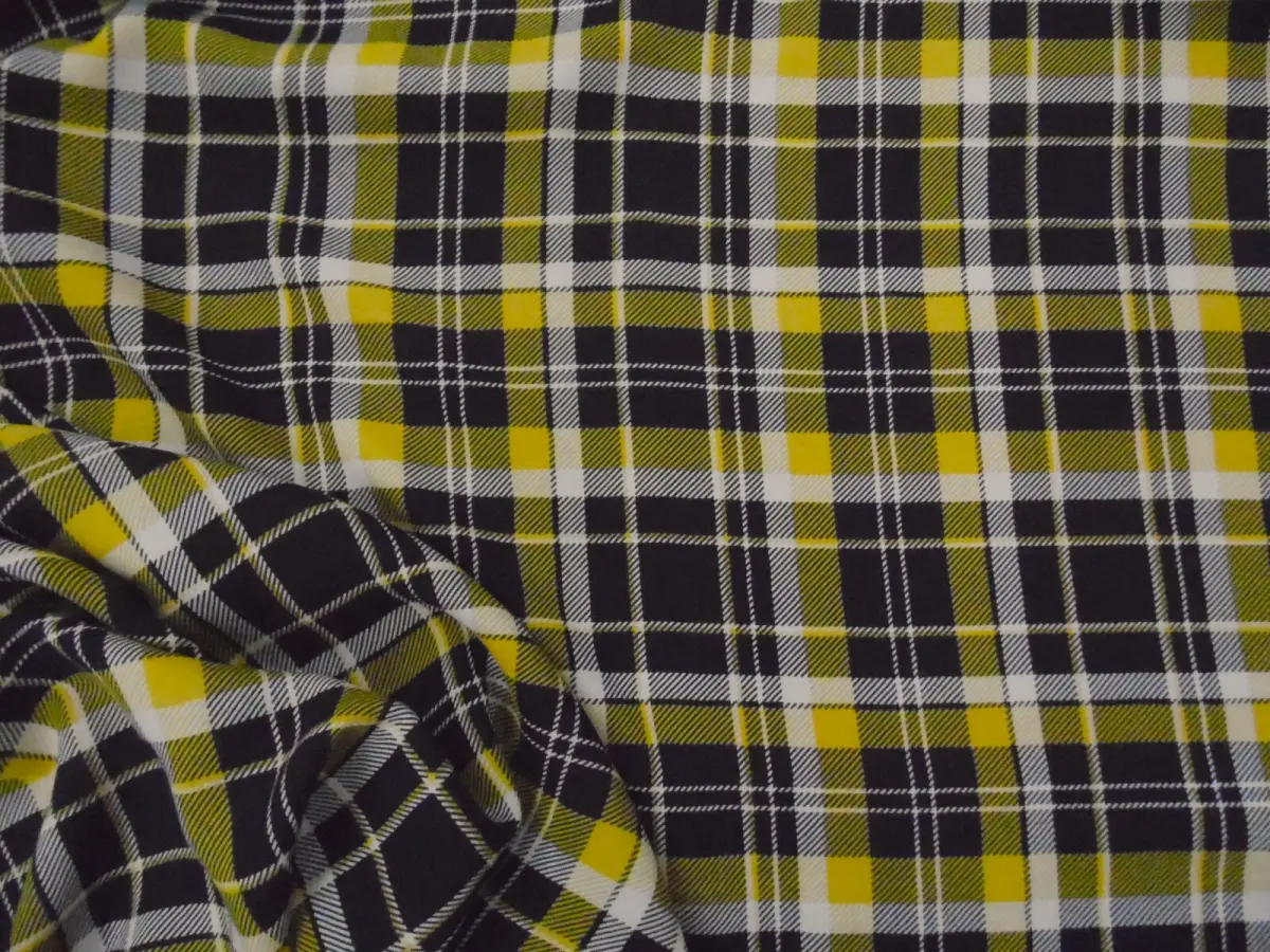 Fabric Challis Rayon Apparel Plaid Yellow Black White E52