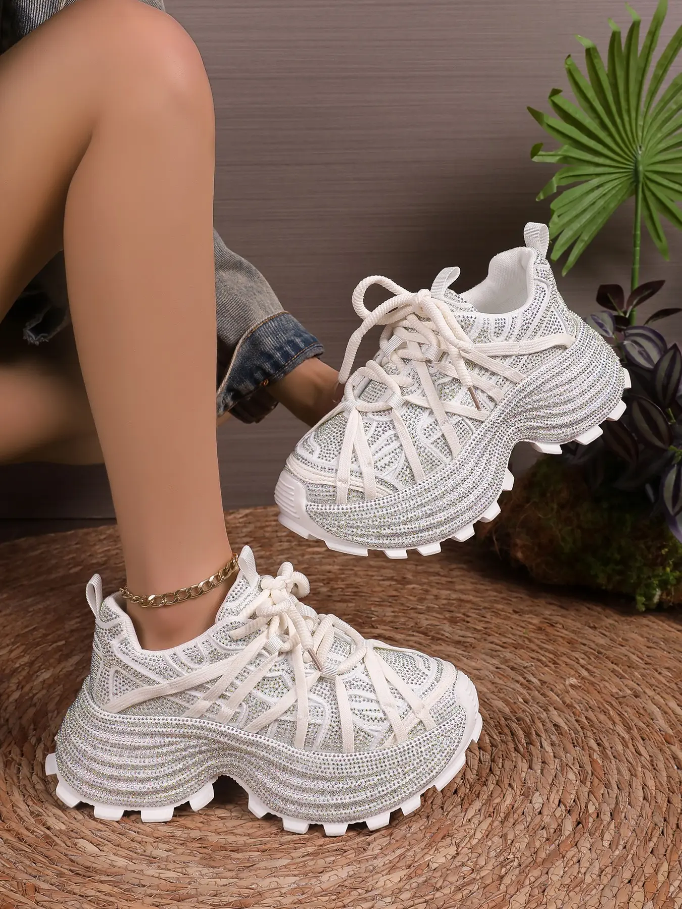 Women's Rhinestone Dad Shoes, Elevator Platform Sneakers, Thick Soled Sneakers, Thick Sole Sporty Design, Trendy Casual Footwear for Daily Wear, Fashion Sneakers