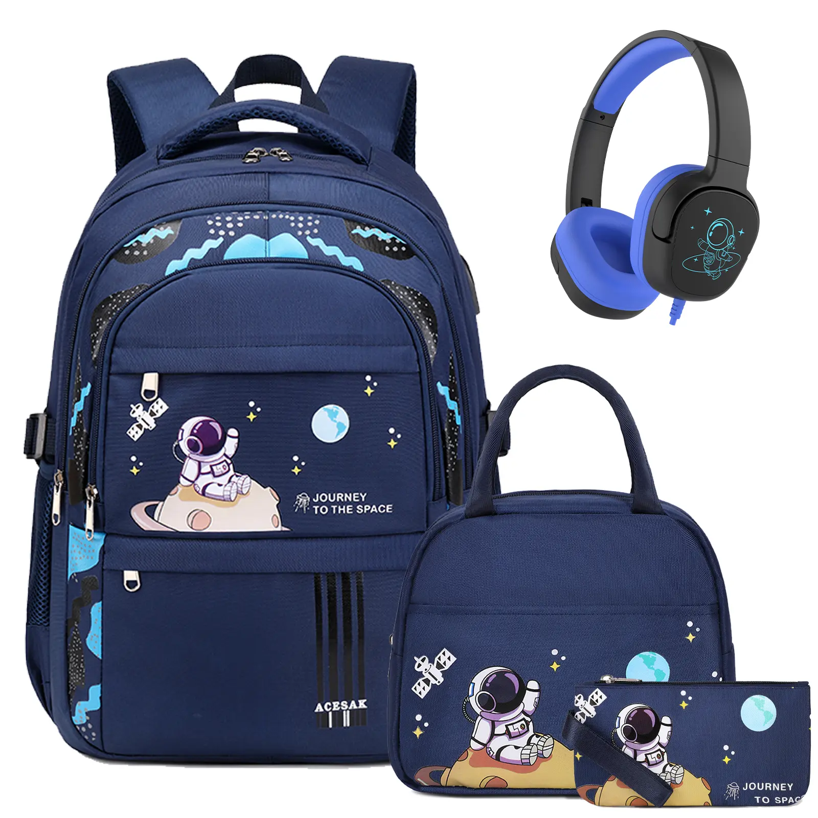 SIMILOVE Boys' 4PCS Racing Car Backpack Set - Elementary-Middle School Functional School Bookbag with Lunch Bag, Pencil Pouch, Headphones, Glow-in-the-Dark Design, USB Charging Port