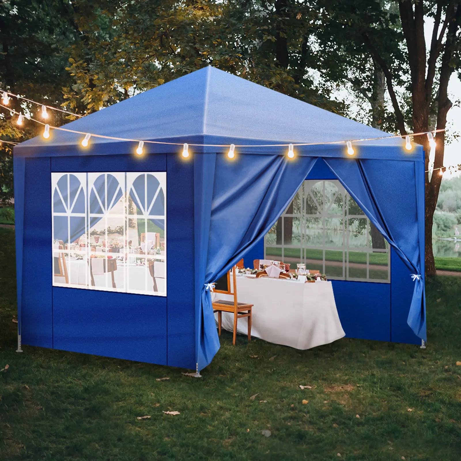10'x10' Blue Gazebo Canopy Tent - PE Cloth Top, Waterproof, UPF 50+ UV Protection, Snap Frame, Rope-Adjustable Specialty Outdoor Kitchen Shelter Accessory with Stake, for Backyard BBQs, Lounge Chairs, Buffet Setup, Assembly Required