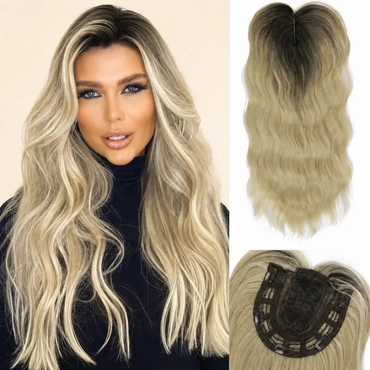 Auvzy 18Inch Wavy Hair Topper, Synthetic Wavy Topper, Clip-In Hairpiece for Thinning Hair, Ladies Wiglet, Natural Volume & Coverage,Daily Wear Quick Styling Curly Wave Fake Bangs Toppers Hair Pieces for Women