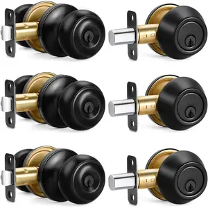 3 Sets Entry Door Knob and Single Cylinder Deadbolt Combo Set, Keyed Alike Round Ball Matte Black Exterior Door Knobs With Lock and Keys For Entrance,Front Door