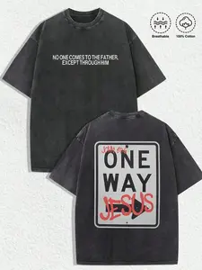 Unisex Vintage Street Style "The only way is Jesus" faith-themed printed and washed cotton T-shirt, John Gospel Bible Verse, Short Sleeve, All Seasons, Y2K & Gothic Fashion
