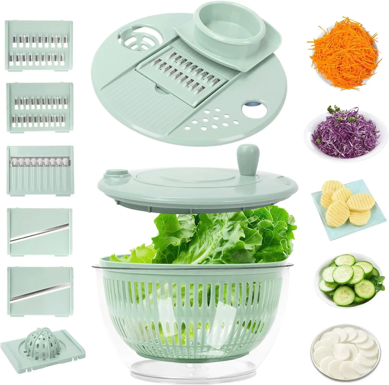 Salad Spinner Large, 5.3 QT 5 IN 1 Lettuce Spinner Dryer with 5 Blades Slicing and Pureeing Vegetables Wash Bowl Kitchen Gadgets for Efficient Salad Preparation Food Washing