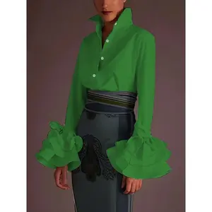 Elegant plus-size women’s commuting shirt featuring a lapel collar, ruffled multi-layered cuffs, and a fitted long-sleeve design. White Women's Blouse Tops