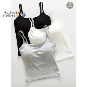 3pcs Women Plain Ribbed Camisole With Padded Bra, Casual Skinny Crop Top crew neck tank top Piece Womenswear Fashion(Sheets)