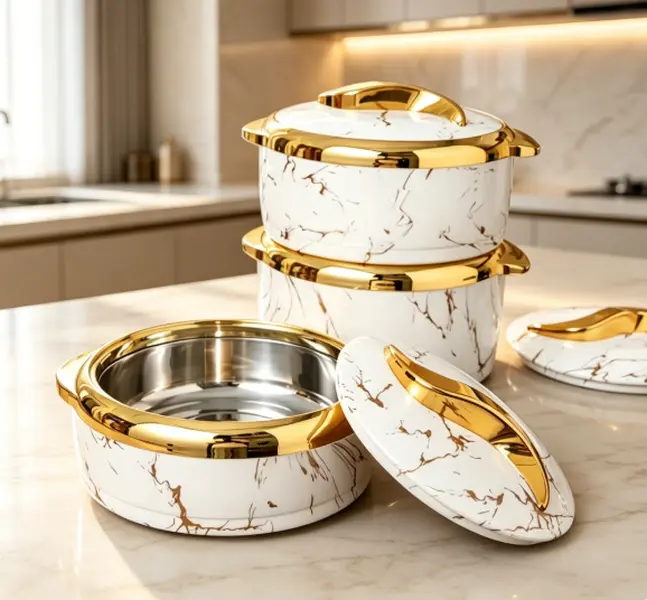Insulated Lunch Box Set with Marble Grain and Gold Trim