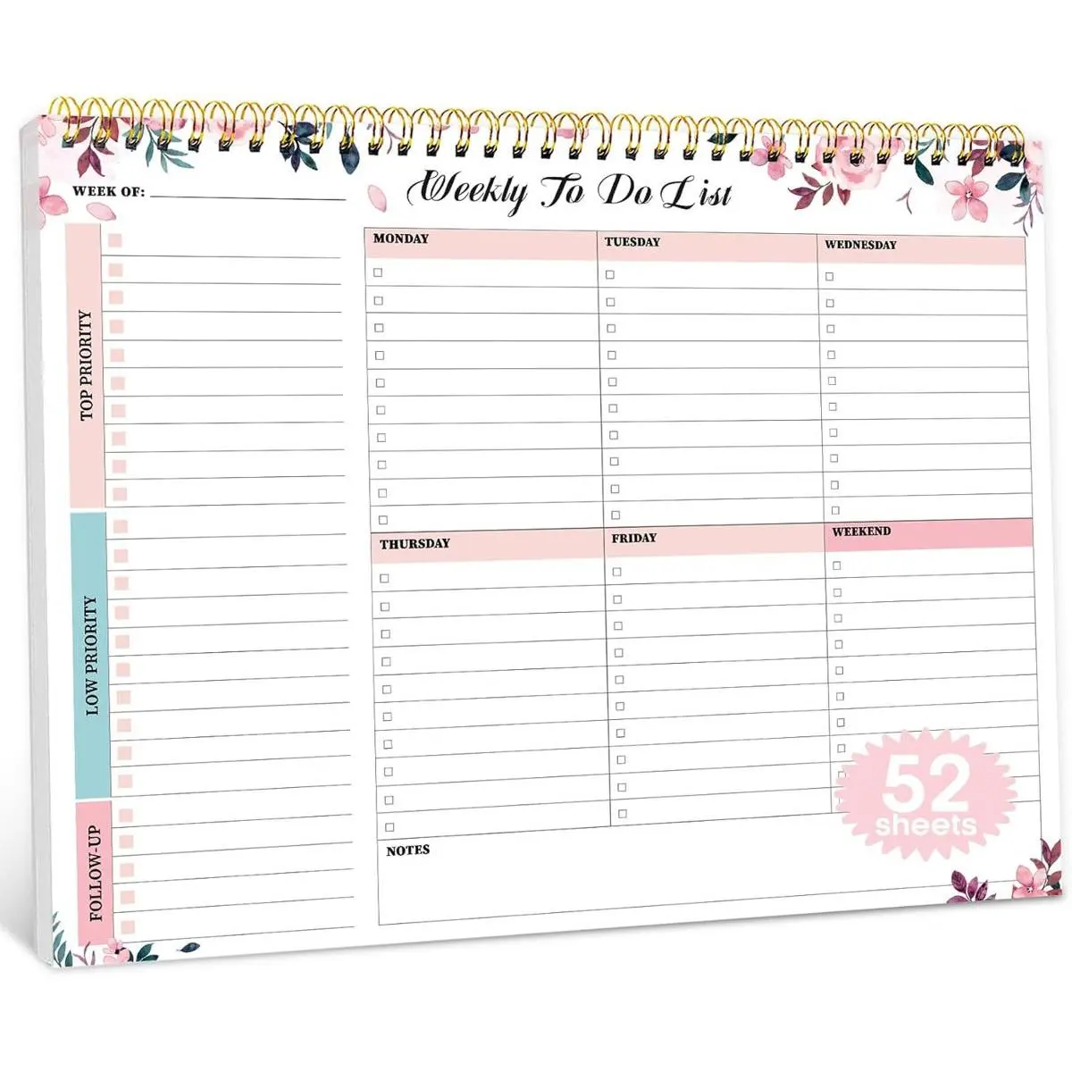 Weekly To Do List Notepad with 52 Undated Sheets（8.5"×11"）- Weekly Desk Planner for Women & Man, Work and Home - Whispering Petal