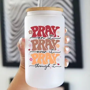 Pray on It 16oz Glass Tumbler with Lid & Plastic and Glass Straws, Faith-Based Gift