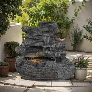 4-Tiered Concrete Rock Waterfall Fountain, 20.8"H Outdoor Garden Decor, Weather-Resistant, LED Lights, Soothing Water Sound Ambiance